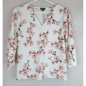 Ann Taylor Factory Women's White Blouse With Floral Cherry Blossom Designs XS